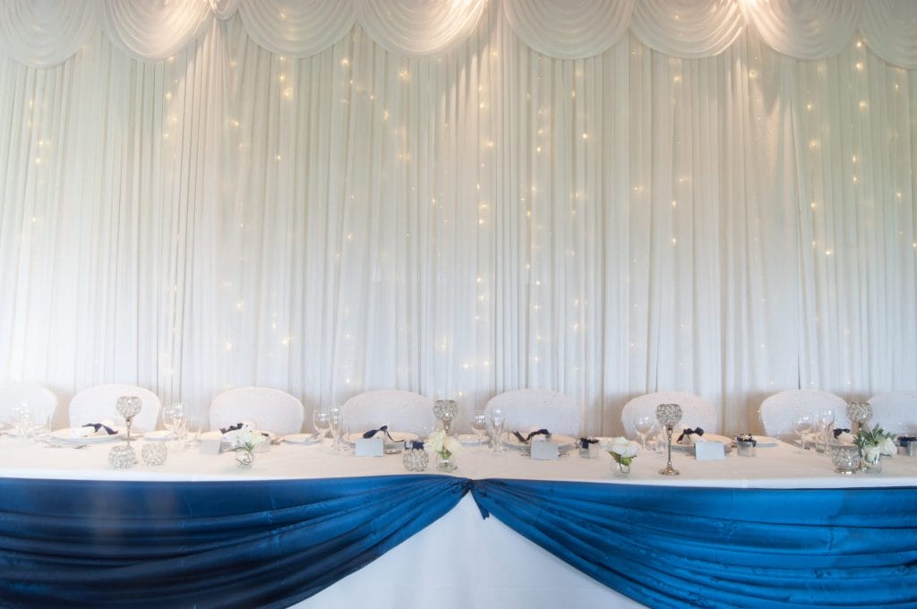 Wedding reception in dartford including top table with blue theme and starlit background