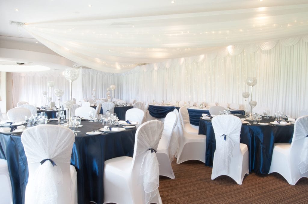 Wedding reception with blue theme and wall and ceiling drapes