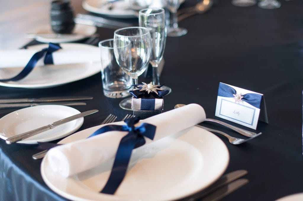 Wedding table in dartford with Blue theme with stationery