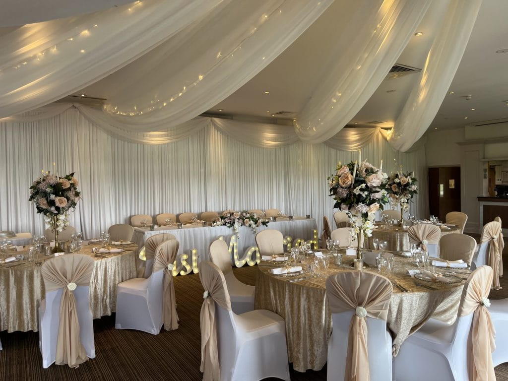 Wedding venue in swanley with ceiling and wall draping