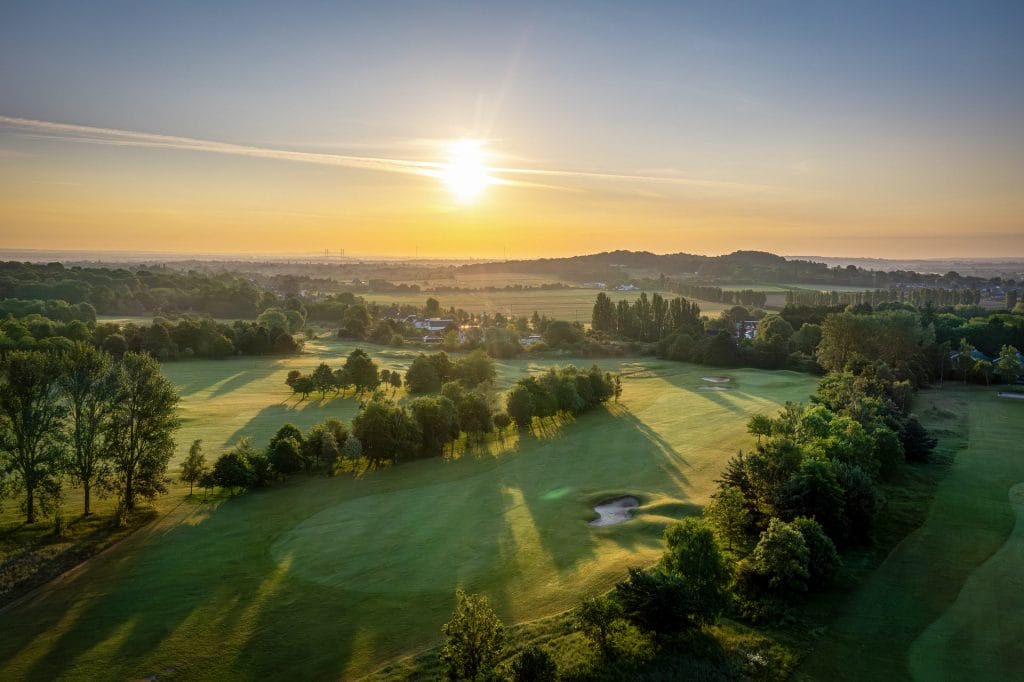 Drone footage of golf course in dartford at sunset
