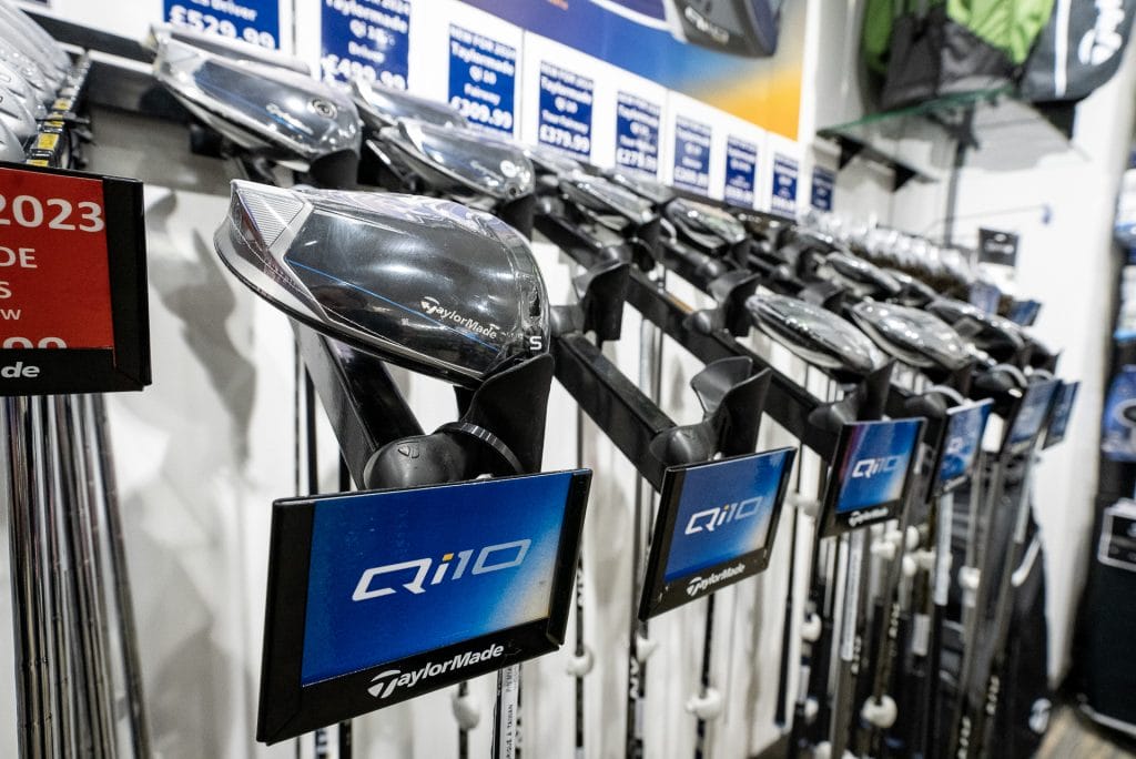 A range of golf clubs in the profession shop at Birchwood Park in kent