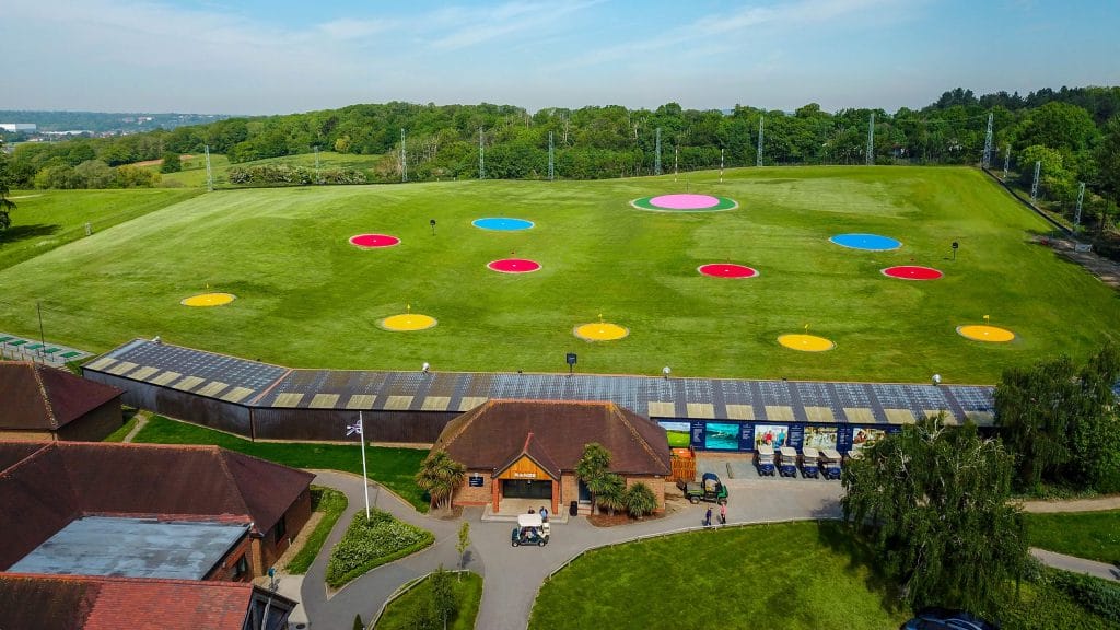 drone shot of the trackman driving range at birchwood park in kent